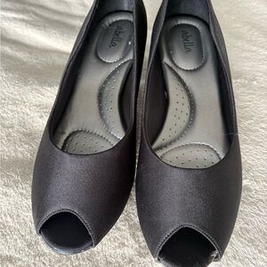 Abella Black Satin Peep-Toe Slip-On Heels